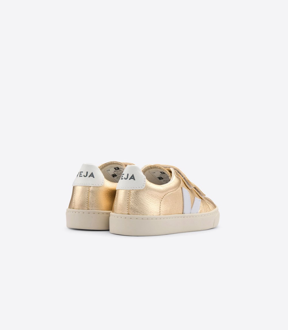 Veja Sneakers Barn - Esplar Velcro Chromefree Läder - Guld/Vita - 621098-BPU